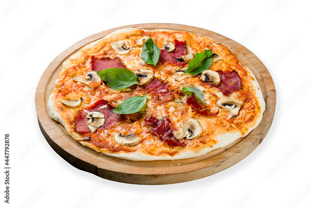 Pizza with ham and mushrooms on the board isolated on white
