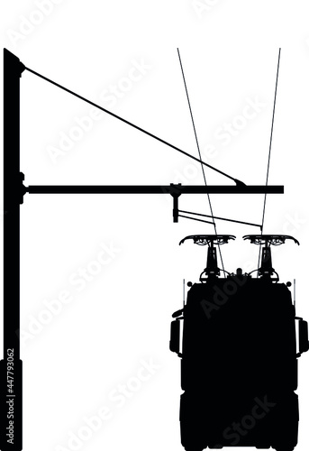 Electric e-truck lorry, Lkw TIR on the overhead line route track on an e-highway. Detailed vector illustration realistic silhouette	
