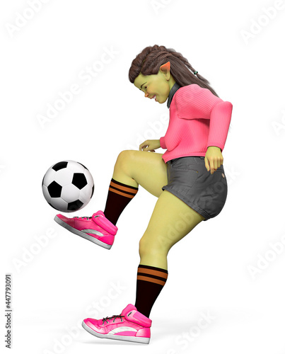 ogre girl is playing soccer side view