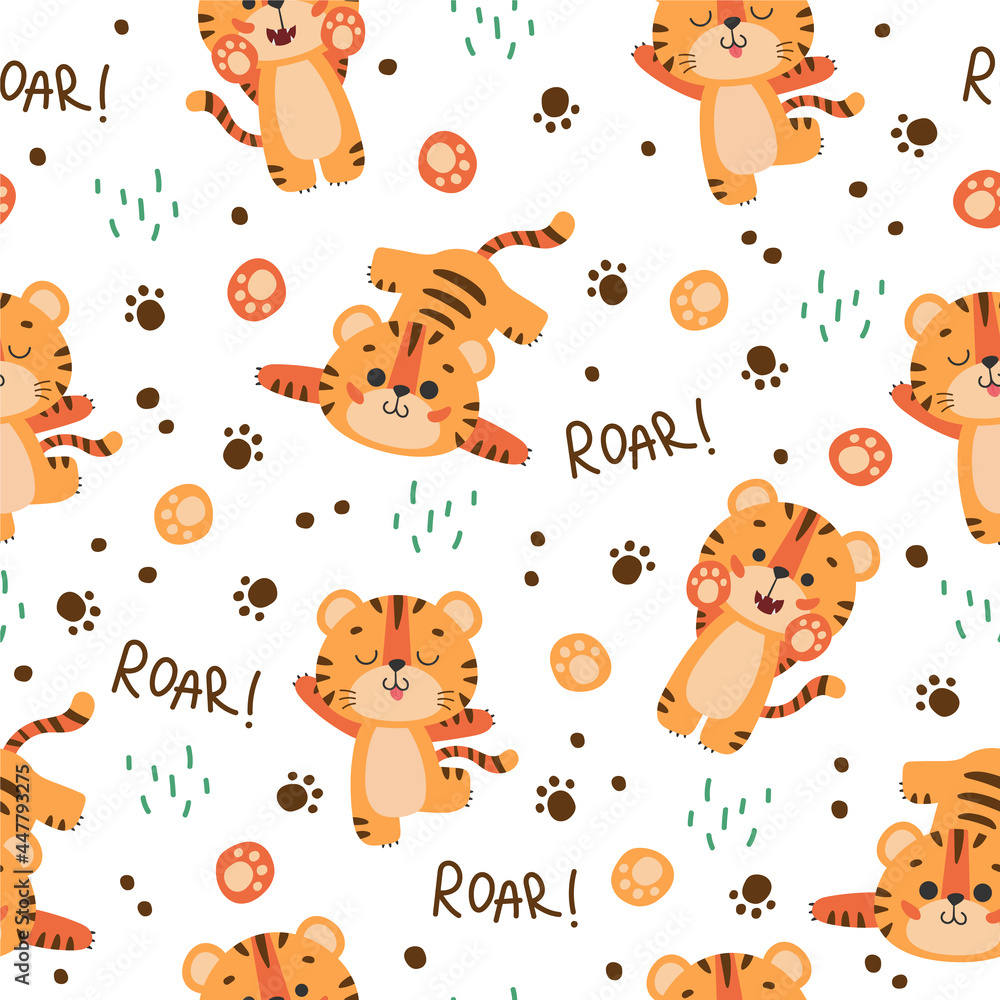 Seamless pattern with cute tiger, muzzles tiger cub with brown stripes, symbol of new 2022 year on white background. Vector illustration for postcard, banner, web, decor, design, arts, calendar. Seamless pattern with cute tiger, muzzles tiger cub with brown stripes, symbol of new 2022 year on white background. Vector illustration for postcard, banner, web, decor, design, arts, calendar.