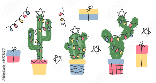 Set with cactus in a clay pots with garland, lights isolated on white background. Vector Christmas illustration for postcard, banner, design, web, advirtising. photo