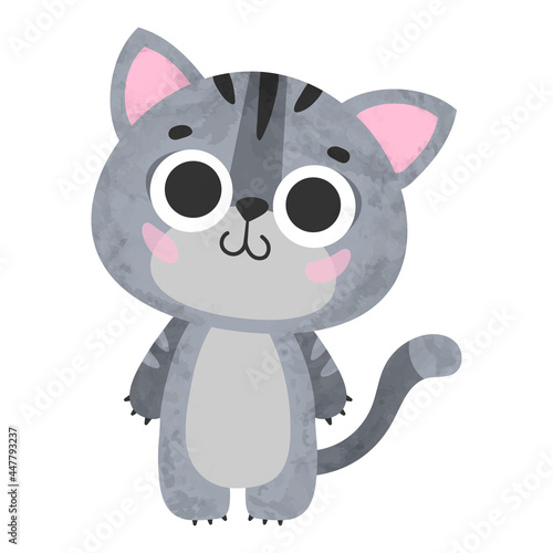 Cute gray kitty  kitten  cat with big eyes  black stripes on white background. Vector illustration for postcard  banner  web  decor  design  arts  calendar.