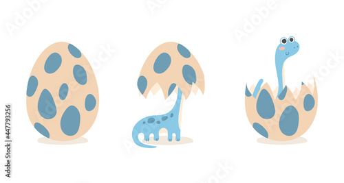 Egg blue dino, cute dinosaurus, Brachiosaurus isolated on white. Vector illustration for postcard, banner, decor, design, arts, web, calendar, advertising.