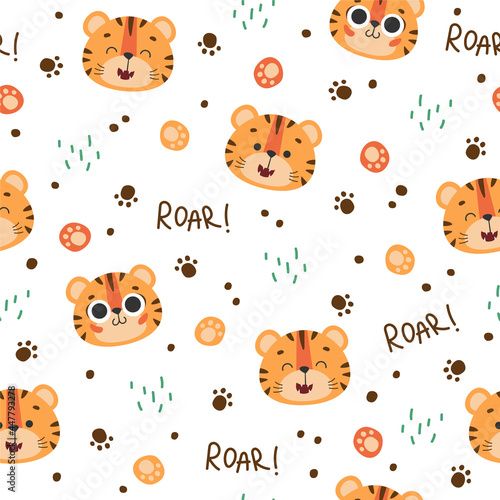 Seamless pattern with cute faces tiger, muzzles tiger cub with brown stripes, symbol of new 2022 year on white background. Vector illustration for postcard, banner, web, decor, design, arts, calendar.