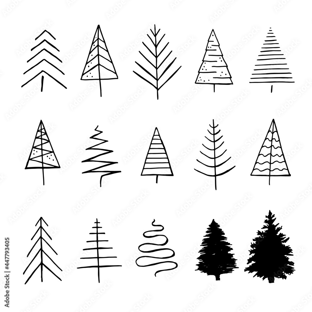 Obraz premium Christmas trees abstract set hand drawing sketch in doodle style isolated on white background. Vector stock illustration.