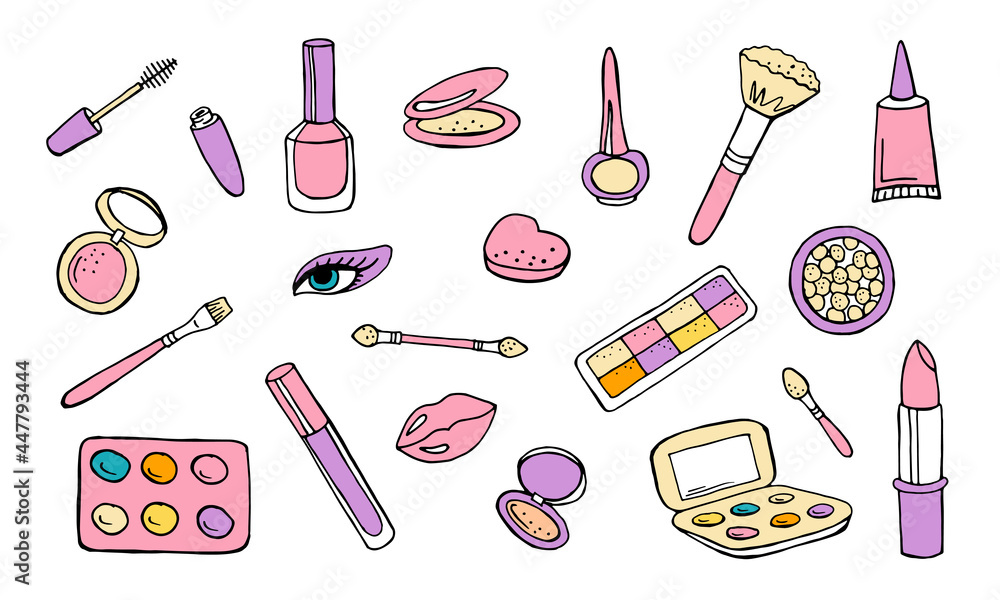 Set of cosmetics for make-up hand drawing sketch in color isolated on white background. Mascara, eyeshadow palette, lipstick and brushes. Stock vector illustration. Set of cosmetics for make-up hand drawing sketch in color isolated on white background. Mascara, eyeshadow palette, lipstick and brushes. Stock vector illustration.