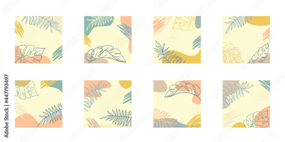 Tropical leaves and colored spots hand drawing in earthy colors, set of square abstract backgrounds with copy space. Monstera and palm leaves.Vector stock illustration. 