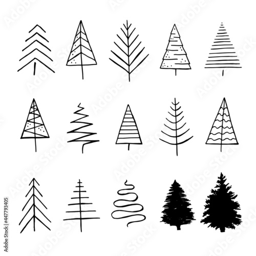 Christmas trees abstract set hand drawing sketch in doodle style isolated on white background. Vector stock illustration. 