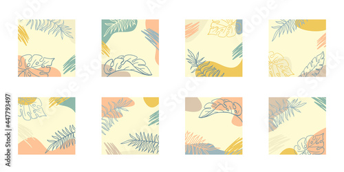 Tropical leaves and colored spots hand drawing in earthy colors, set of square abstract backgrounds with copy space. Monstera and palm leaves.Vector stock illustration. 
