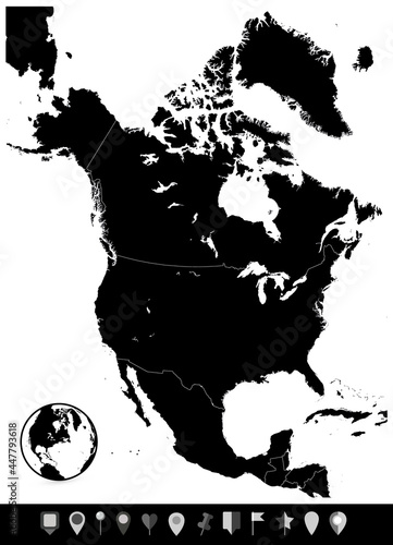 North America Black Map and Flat Map Pointers. No text photo