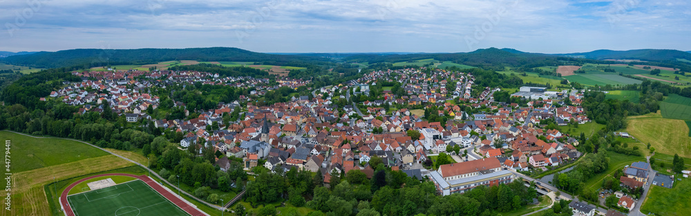 Aerial view of the city Baunach in Germany. On a sunny day in spring.