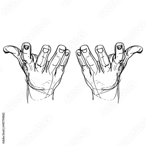 Two raised up human empty hands with open fingers in releasing gesture. Front view. Hand drawn linear doodle rough sketch. Black silhouette on white background. 
