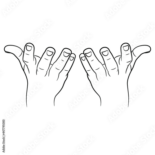 Two raised up human empty hands with open fingers in releasing gesture. Black and white linear silhouette. Front view. Cartoon style.
