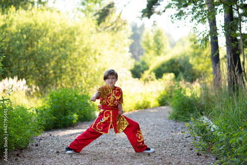 Fotografie little boy in red sports wushu uniform is training kung fu in the park,   fighte