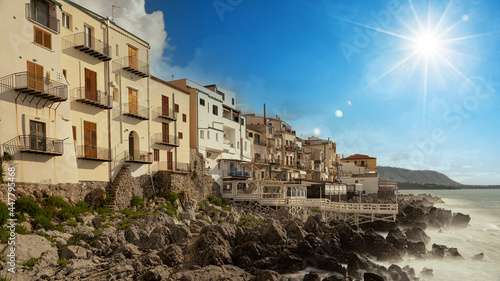 Fototapeta Naklejka Na Ścianę i Meble -  Old building on beach in Cefalu , Sicily, Italy.
