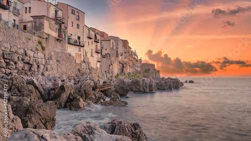 Fototapeta Naklejka Na Ścianę i Meble -  Scenic view in Cefalù on a sunny summer day. Province of Palermo, Sicily, southern Italy. Historic and travel place.