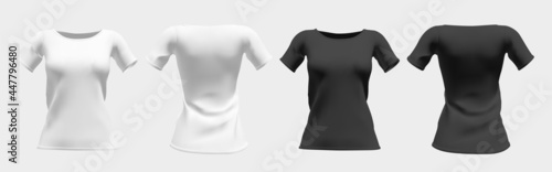 Realistic women's T-shirt in white and black with short sleeves. Front and back view mockup. Isolated vector illustration.