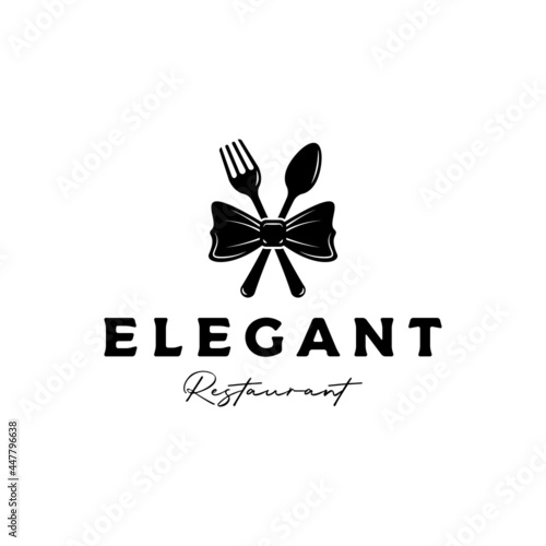 elegant ,luxury, silhouette restaurant logo design vector with bow tie, fork and, spoon