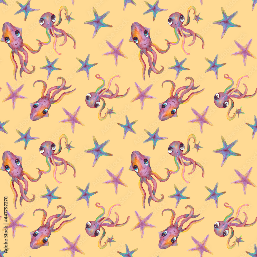 Seamless pattern. Squid and octopus on a beige background. Sea animals and stars. Marine life. The illustration is drawn in watercolor by hand.