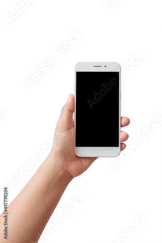 Wallpaper Mural Mobile phone with black screen in young woman's left hand isolated on white background with the clipping path. Torontodigital.ca