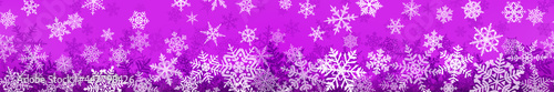 Banner of complex Christmas snowflakes with seamless horizontal repetition, in purple colors. Winter background with falling snow