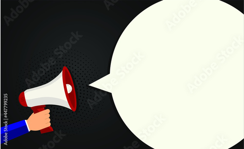 Male hand holding megaphone with blank bubble speech. Loudspeaker. Template for digital marketing, promotion and advertising. Flat design vector illustration.