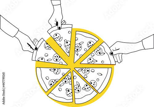 Pizza with different pieces and hands. For advertising, boxes. Vector.