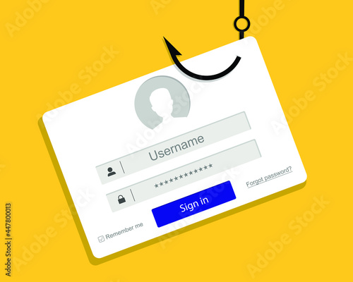Phishing concept. Hacker stealing login, account, username and password information with a fishing hook. Flat design, vector illustration.