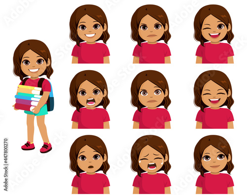 Happy young little black girl holding books carrying schoolbag with different emotions ready to back to school