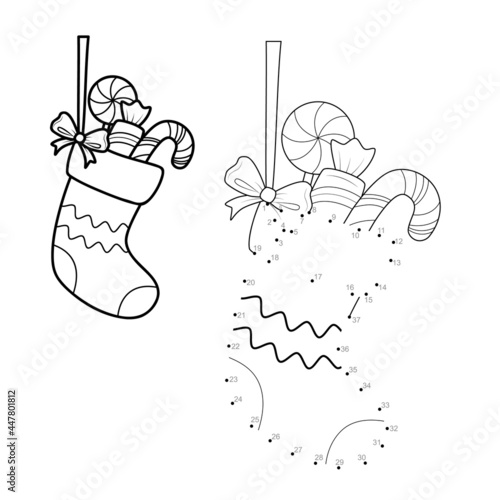 Dot to dot Christmas puzzle for children. Connect dots game. Sock