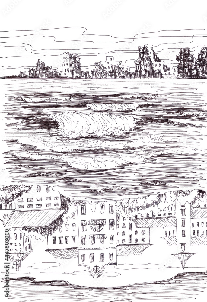 sea and post-apocalyptic landscape, graphic black and white sketch