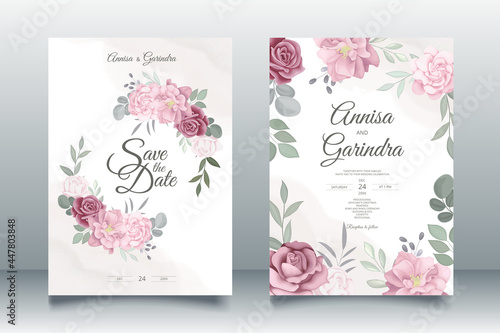   Romantic Wedding invitation card template set with beautiful  floral leaves Premium Vector