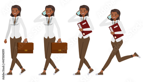 Businesswoman working in office character vector design. Presentation in various action.