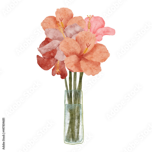 watercolor tropical hibiscus flower bouquet glass pot illustration