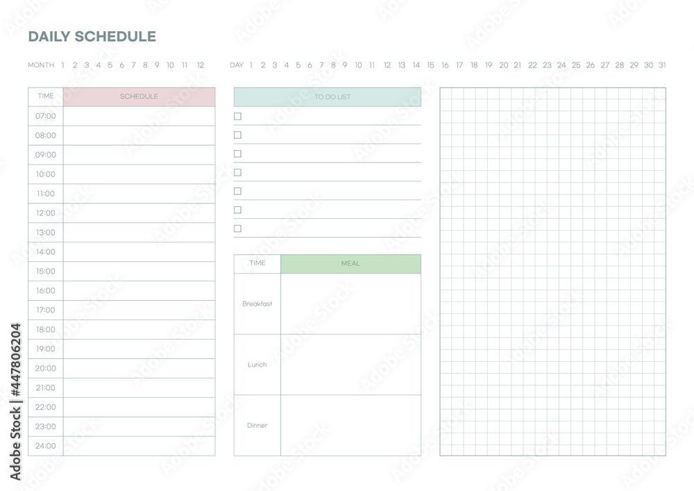 Note, scheduler, diary, calendar planner document template illustration. Daily schedule form. Note, scheduler, diary, calendar planner document template illustration. Daily schedule form.