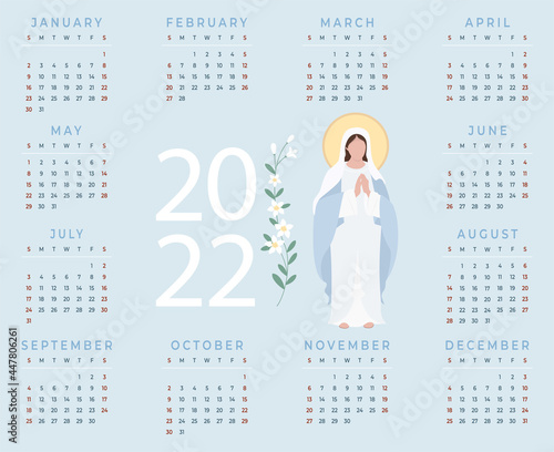 2022 Religious Calendar with Most Holy Theotokos Queen Heavenly Virgin Mary with lily on blue background. Vector illustration. Horizontal A3 template for 12 months in English. Week starts on Sunday