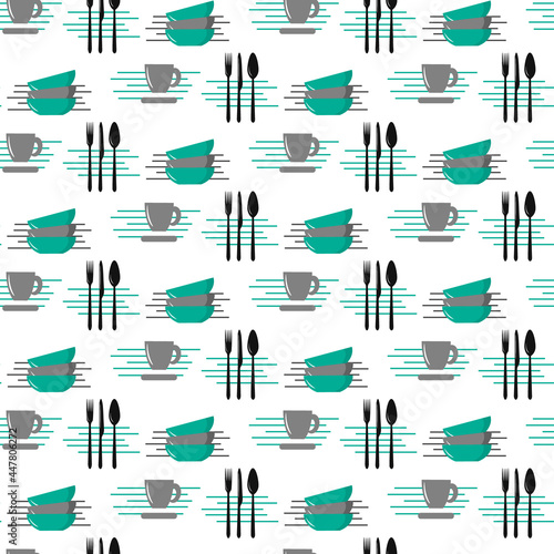 Pattern with cutlery, cup and bowls. Vector illustration. Drawing on a white background with decorative stripes. For use in packaging and covers, fabrics, shops, advertisements and promotions, cafes