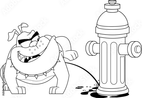 Outlined Bulldog Cartoon Mascot Character Peeing On A Fire Hydrant. Vector Hand Drawn Illustration Isolated On Transparent Background
