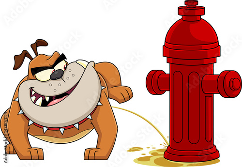 Bulldog Cartoon Mascot Character Peeing On A Fire Hydrant. Vector Hand Drawn Illustration Isolated On Transparent Background