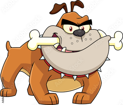 Angry Bulldog Cartoon Mascot Character With A Bone In His Mouth. Vector Hand Drawn Illustration Isolated On Transparent Background