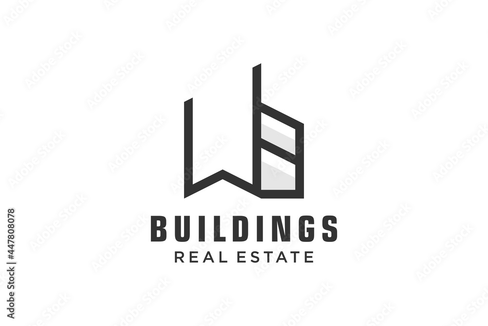 Letter W Simple modern building architecture logo design with line art skyscraper graphic