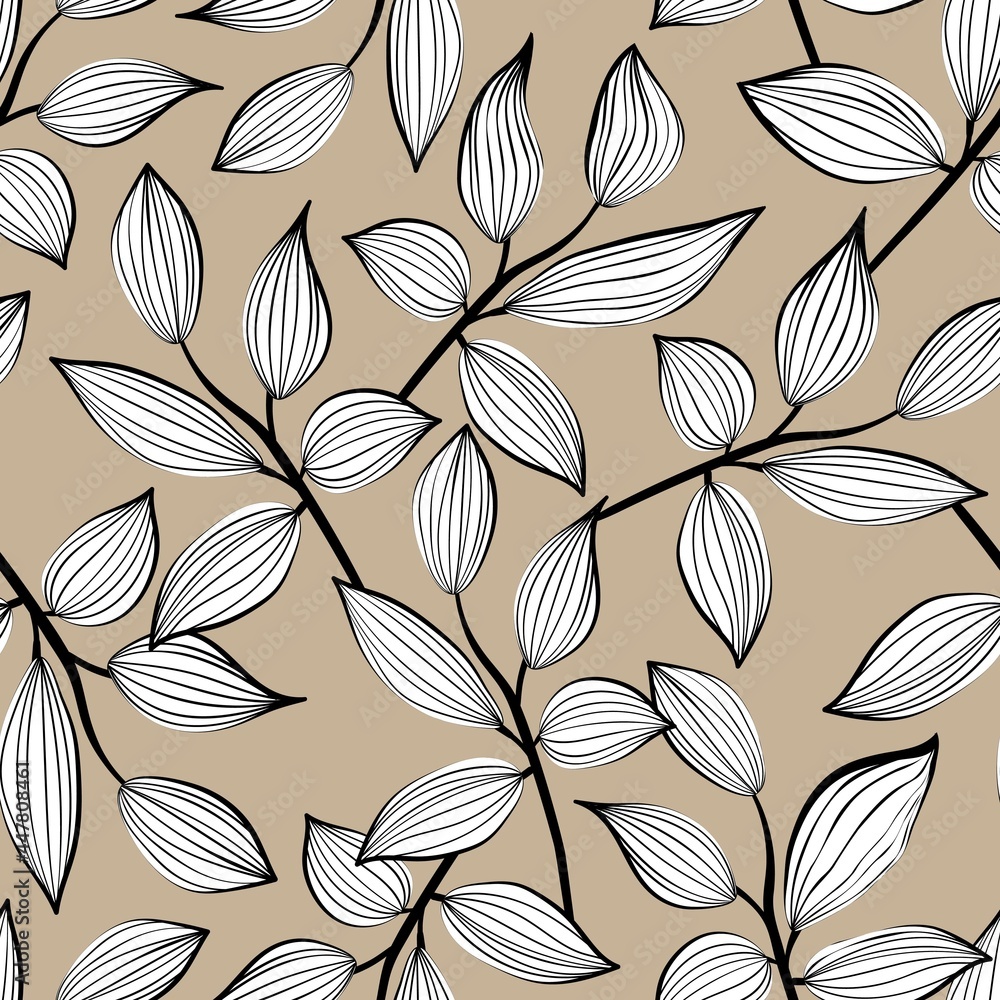 Vintage flowers and leaves. Seamless pattern. Branches. Line art. Design for printing on fabric, wallpaper, paper.