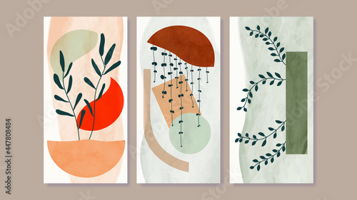 Mid century modern triptych wall art vector. Abstract art background with floral leaves and flower line drawing  and watercolor organic shapes hand paint design for wall decor, poster and wallpaper.