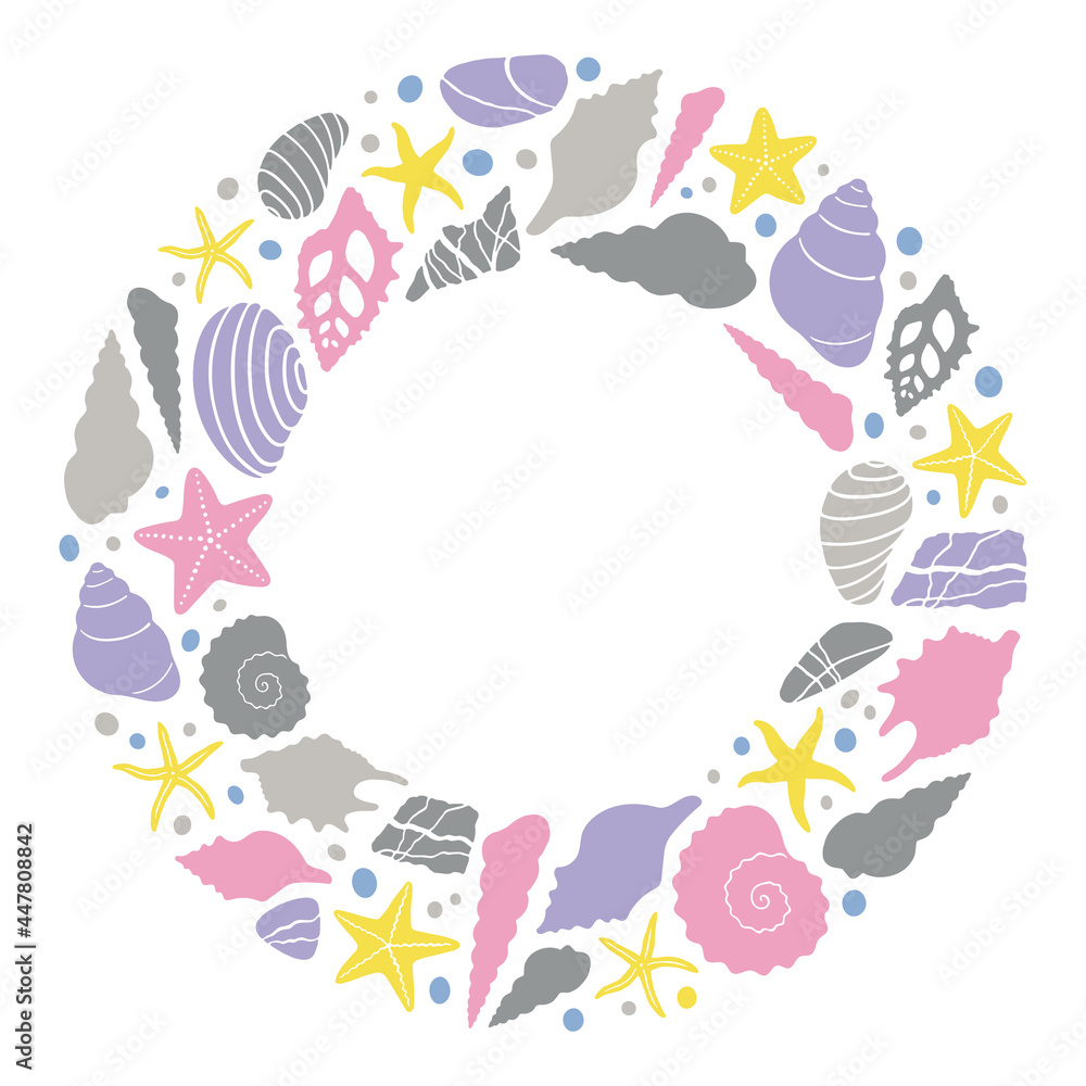 Abstract illustration of summer time concept. Flat vector illustration. Round wreath with marine objects. Underwater set of silhouettes. Seashells, sea stars, stones.