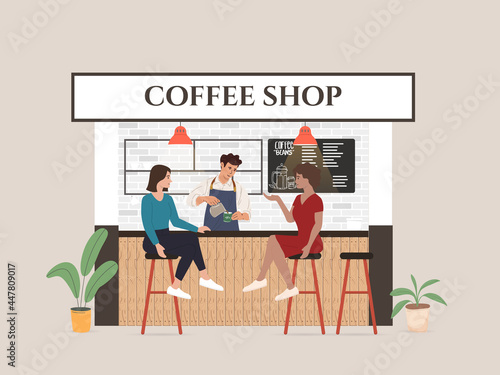 Small coffee shop business illustration visitor and waitress
