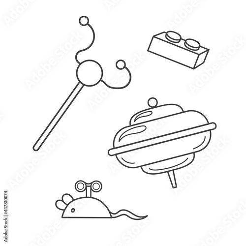 Childish toys Isolated on white background. Whirligig, constructor, clockwork toy, beanbag, rattle. Coloring book. Childhood doodle. Vector line illustration. Children design. Clip art element. 