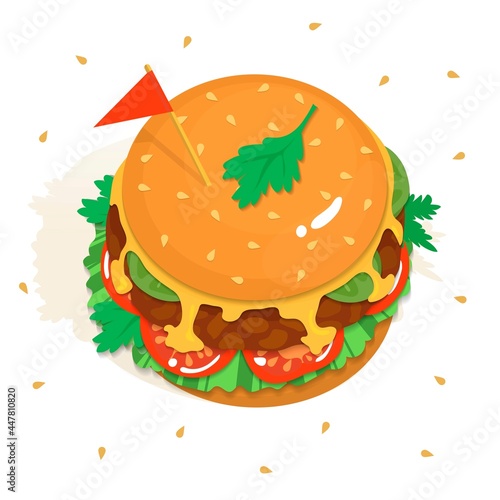 Big tasty burger: bun, sesame seeds, cutlet, pickled cucumbers, tomato, cheese, salad. The flag on a toothpick. Vector illustration. Food design. Delicious fast-food. Isolated on white background.