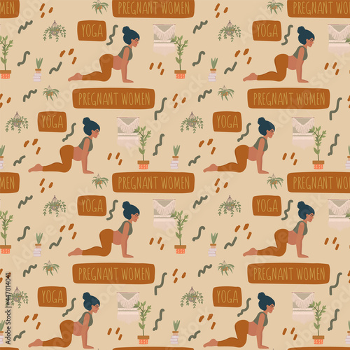 Pattern with pregnant women in a Yoga pose. With plants for Yoga and relaxation background for textiles. Beautiful Boha background with nature and man. Vector illustration