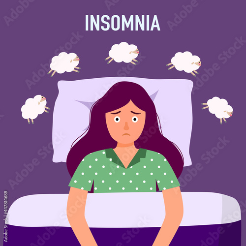 Sleepless woman suffering from insomnia and counting sheep. Female with open eyes in darkness night lying on bed concept vector illustration. Young girl try to sleep under blanket.