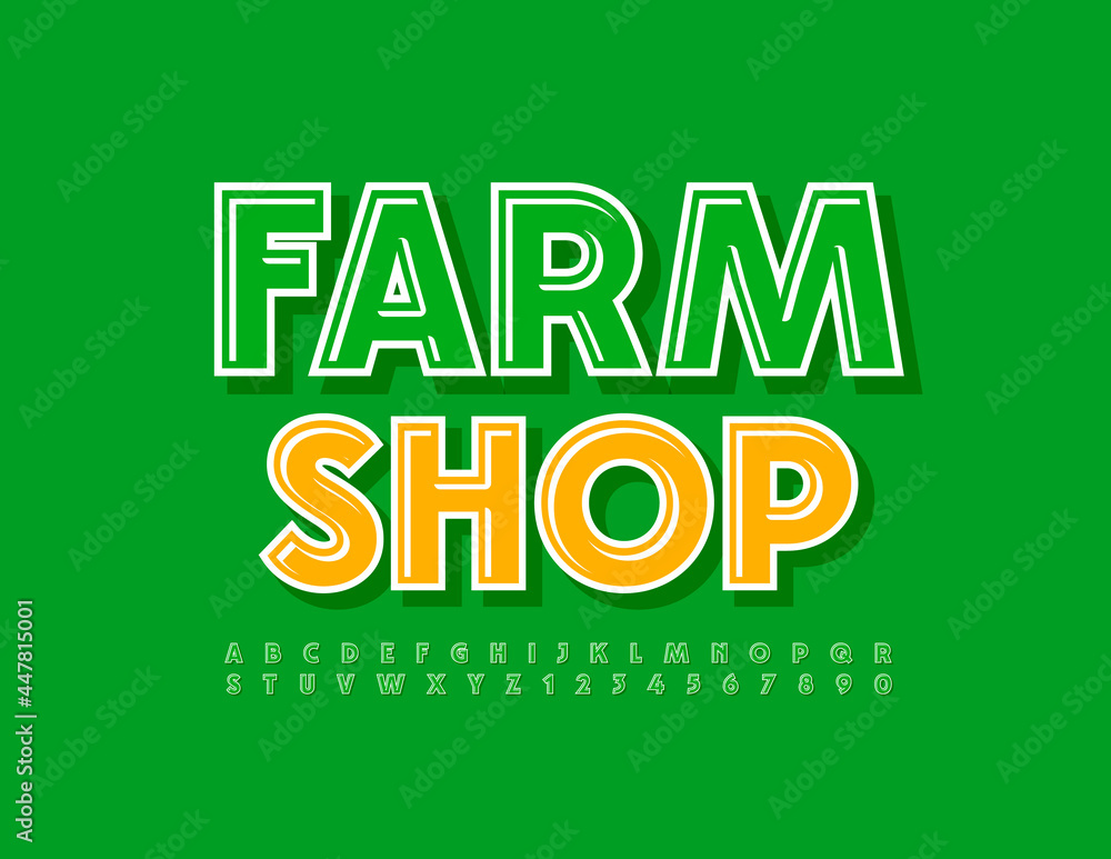 Vector logo template Farm Shop. Green bright Font. Glossy Alphabet Letters and Numbers set